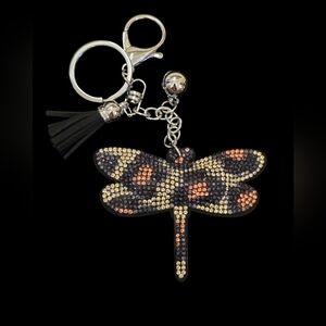 Rhinestone Dragonfly Bag Charm – Leopard Print Bling Keychain